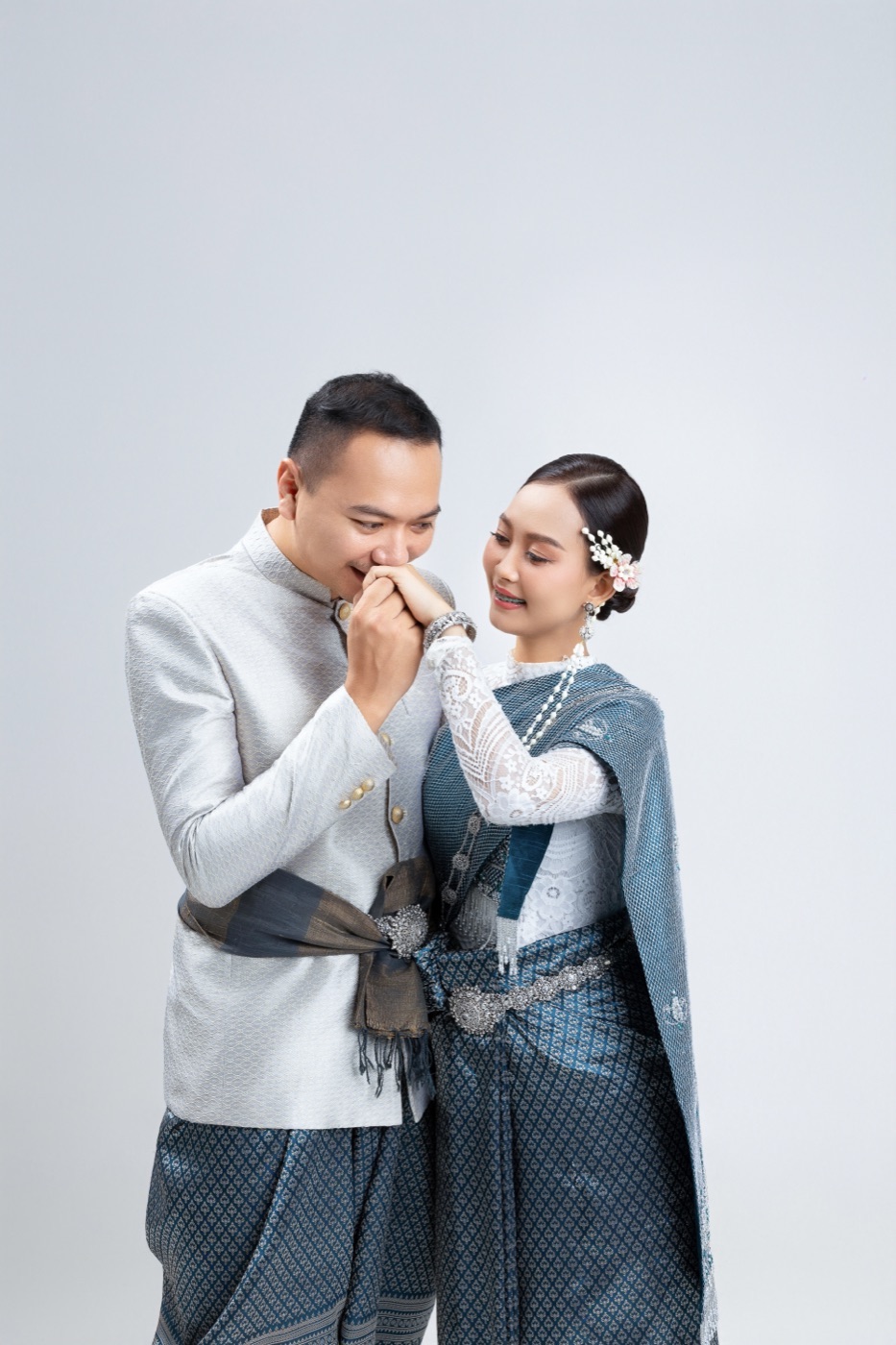 A kiss on the hand, traditional blue silk